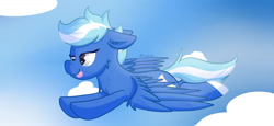 Size: 1024x473 | Tagged: safe, artist:exobass, derpibooru import, oc, oc:exobass, pegasus, :p, background, cloud, female, flying, pegasus oc, solo, tongue, tongue out