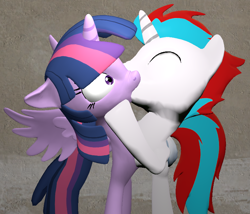 Size: 864x740 | Tagged: safe, artist:dracoecpilse, derpibooru import, twilight sparkle, twilight sparkle (alicorn), oc, oc:solar eclipse, alicorn, pony, alicorn oc, canon x oc, conjoined, eyes closed, horn, kissing, multiple heads, two heads, wings