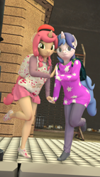 Size: 2160x3840 | Tagged: safe, artist:cdv, derpibooru import, oc, oc only, oc:butter muffin, oc:pocket galaxy, anthro, plantigrade anthro, unicorn, 3d, cute, female, females only, holding hands, lesbian, looking at you, outdoors, posing for photo, source filmmaker