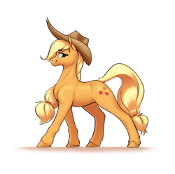 Size: 2394x2373 | Tagged: safe, artist:aquaticvibes, derpibooru import, applejack, earth pony, pony, female, high res, looking at you, looking sideways, mare, profile, side view, simple background, smiling, smiling at you, solo, walking, white background