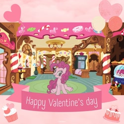 Size: 1080x1080 | Tagged: safe, artist:mylittleponyjpn, derpibooru import, pinkie pie, earth pony, pony, heart, holiday, official, sitting, solo, sugarcube corner, valentine's day