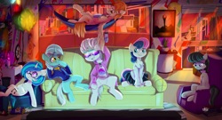 Size: 5050x2735 | Tagged: safe, artist:mjsw, derpibooru import, bon bon, dj pon-3, lyra heartstrings, octavia melody, sweetie drops, vinyl scratch, oc, earth pony, pegasus, pony, unicorn, apartment, clothes, female, high res, male, mare, siblings, stallion, television