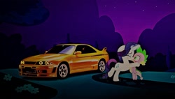 Size: 2535x1441 | Tagged: safe, derpibooru import, rarity, spike, pony, unicorn, blushing, car, eyes closed, female, kissing, male, night, nissan, nissan skyline, shipping, sparity, straight, vector