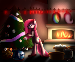 Size: 2683x2236 | Tagged: safe, artist:maneblue, derpibooru import, pinkie pie, earth pony, pony, bipedal, christmas, christmas tree, female, fireplace, holiday, implied fluttershy, implied rainbow dash, mare, pinkamena diane pie, rainbow tail, smiling, solo, tail, tree