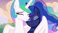 Size: 1280x720 | Tagged: safe, artist:sallyso, derpibooru import, princess celestia, princess luna, alicorn, pony, bust, duo, eyelashes, eyes closed, female, hug, mare, outdoors, siblings, sisters, winghug, wings