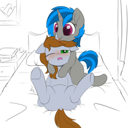 Size: 2000x2000 | Tagged: safe, artist:one4pony, derpibooru import, oc, oc only, oc:homage, oc:littlepip, pony, unicorn, fallout equestria, bed, blushing, duo, duo female, featureless crotch, female, freckles, heart eyes, high res, hooves, horn, horn licking, hornjob, lesbian, licking, lying down, mare, oc x oc, on back, on bed, one eye closed, open mouth, pipmage, shipping, tail, tongue, tongue out, two toned mane, two toned tail, underhoof, unicorn oc, wingding eyes