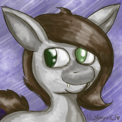 Size: 2000x2000 | Tagged: safe, artist:lil_vampirecj, derpibooru import, oc, oc only, oc:cj vampire, earth pony, pony, brown mane, brown tail, bust, doodle, ears, fangs, floppy ears, glasses off, green eyes, looking at you, portrait, purple tail highlight, sketch, smiling, smiling at you, solo, tail