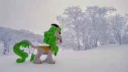 Size: 2048x1152 | Tagged: safe, derpibooru import, photographer:pakapaka1993, spring glow, kirin, pony, irl, japan, photo, plushie, snow, solo, tree, winter