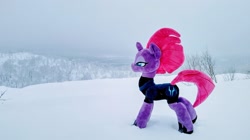 Size: 2048x1145 | Tagged: safe, derpibooru import, photographer:pakapaka1993, tempest shadow, pony, unicorn, irl, japan, photo, plushie, snow, snowfall, solo, tree, winter