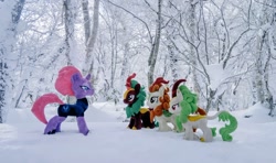 Size: 1024x607 | Tagged: safe, derpibooru import, photographer:pakapaka1993, autumn blaze, cinder glow, spring glow, summer flare, tempest shadow, kirin, pony, unicorn, irl, japan, photo, plushie, snow, tree, winter