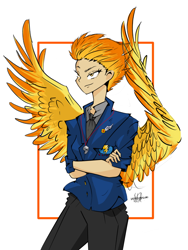 Size: 600x800 | Tagged: safe, artist:wenraz, derpibooru import, spitfire, human, clothes, crossed arms, female, humanized, necktie, pants, shirt, solo, spitfire's whistle, whistle, whistle necklace, winged humanization, wings