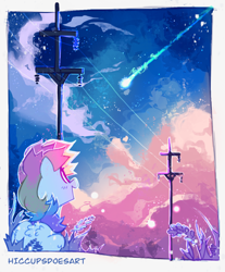 Size: 3000x3628 | Tagged: safe, artist:hiccupsdoesart, rainbow dash, pegasus, pony, cloud, female, looking up, mare, shooting star, signature, sky, solo, stars, telephone pole