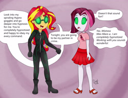 Size: 3300x2550 | Tagged: safe, artist:bageloftime, derpibooru import, cayenne, sunset shimmer, oc, oc:mez-mare-a, equestria girls, feet, goggles, hypno goggles, hypnosis, hypnotized, sandals, spy catsuit, swirly eyes, thief