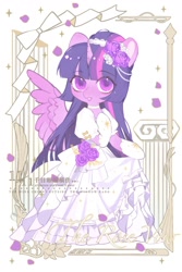 Size: 1200x1800 | Tagged: safe, artist:xieyanbbb, derpibooru import, part of a set, twilight sparkle, twilight sparkle (alicorn), alicorn, semi-anthro, alternate hairstyle, choker, clothes, colored pupils, cute, dress, female, flower, flower in hair, gloves, looking at you, mare, petals, pillar, rose, solo, twiabetes, wedding dress