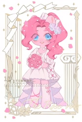 Size: 1200x1800 | Tagged: safe, artist:xieyanbbb, derpibooru import, part of a set, pinkie pie, earth pony, semi-anthro, alternate hairstyle, bouquet, clothes, colored pupils, cute, diapinkes, dress, female, flower, flower in hair, heart, hoof hold, looking at you, mare, open mouth, open smile, petals, ponytail, rose, smiling, smiling at you, solo, stockings, thigh highs, wedding dress