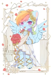 Size: 1200x1800 | Tagged: safe, artist:xieyanbbb, derpibooru import, part of a set, rainbow dash, pegasus, semi-anthro, bouquet, choker, clothes, cute, dashabetes, dress, female, flower, greek, hoof on hip, laurel wreath, looking at you, mare, open mouth, solo, spread wings, wedding dress