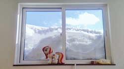 Size: 1024x576 | Tagged: safe, derpibooru import, photographer:pakapaka1993, oc, oc only, oc:poniko, pony, irl, japan, photo, plushie, snow, solo, window, winter