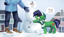 Size: 2586x1500 | Tagged: safe, artist:28gooddays, derpibooru import, oc, oc only, human, pony, unicorn, clothes, scarf, snowman, snowpony, striped scarf