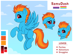 Size: 4000x3000 | Tagged: safe, artist:confetticakez, derpibooru import, oc, oc only, pegasus, pony, :p, blushing, cloud, ears, floppy ears, flying, frown, full body, genderfluid, high res, hooves, looking at you, one eye closed, pansexual, pegasus oc, raspberry, reference sheet, sad, sky, smiling, solo, spread wings, tail, tongue, tongue out, two toned mane, two toned tail, wings, wink