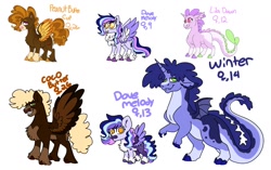 Size: 1694x1067 | Tagged: safe, artist:jinx32297, derpibooru import, oc, oc only, oc:coco butter, oc:dove melody, oc:lila dawn, oc:peanut butter cup, oc:winter, dracony, hybrid, pegasus, pony, female, filly, foal, interspecies offspring, male, offspring, parent:cheese sandwich, parent:pinkie pie, parent:princess cadance, parent:rarity, parent:shining armor, parent:spike, parents:cheesepie, parents:shiningcadance, parents:sparity, simple background, stallion, updated design, white background