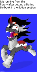 Size: 500x951 | Tagged: safe, artist:zutheskunk edits, derpibooru import, king sombra, pony, unicorn, armor, black mane, black tail, blue background, crown, fangs, gray coat, horn, jewelry, male, open mouth, regalia, running, simple background, solo, stallion, text, tongue, tongue out, trolling
