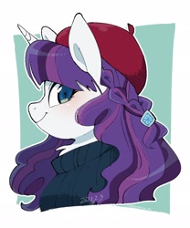Size: 1748x2096 | Tagged: safe, artist:potetecyu_to, derpibooru import, rarity, pony, unicorn, beatnik rarity, beret, blushing, bust, clothes, female, hat, looking at you, looking sideways, mare, profile, side view, smiling, smiling at you, solo, sweater, turtleneck