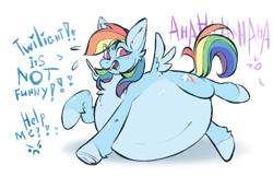 Size: 3800x2468 | Tagged: safe, artist:rico_chan, derpibooru import, rainbow dash, pegasus, pony, angry, belly, big belly, blushing, dialogue, fangs, female, frog (hoof), huge belly, implied twilight sparkle, impossibly large belly, inflation, mare, offscreen character, rainblimp dash, sketch, solo, underhoof