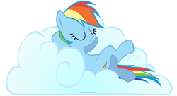 Size: 4400x2400 | Tagged: safe, artist:misterlolrus, derpibooru import, rainbow dash, pegasus, pony, .psd available, cloud, crossed legs, eyes closed, female, high res, hooves behind head, lying down, lying on a cloud, mare, on a cloud, on back, signature, simple background, smiling, solo, transparent background, vector