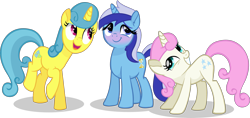 Size: 2717x1285 | Tagged: safe, artist:thatusualguy06, derpibooru import, lemon hearts, minuette, twinkleshine, pony, unicorn, .svg available, absurd resolution, base used, blushing, female, mare, simple background, smiling, svg, trace bitmap, transparent background, trio, trio female, vector
