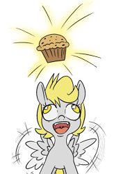 Size: 1000x1414 | Tagged: safe, artist:happy harvey, ponerpics import, derpy hooves, pegasus, pony, colored pupils, derp, drawn on phone, drawthread, excited, female, filly, flapping wings, foal, food, happy, looking up, muffin, open mouth, simple background, smiling, solo, spread wings, transparent background, wall eyed, wings