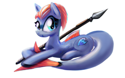 Size: 1442x903 | Tagged: safe, artist:tiffortat, ponerpics import, oc, oc only, oc:tiffany fins, original species, pony, seapony (g4), shark, shark pony, female, looking at you, mare, ponerpics community collab 2022, prone, simple background, spear, transparent background, weapon