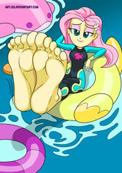 Size: 827x1169 | Tagged: safe, artist:art-2u, derpibooru import, fluttershy, human, better together, equestria girls, i'm on a yacht, barefoot, eyeshadow, feet, fetish, floating, foot fetish, looking at you, makeup, smiling, smiling at you, soles, toes, water