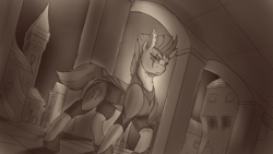 Size: 3840x2160 | Tagged: safe, artist:tenebrisnoctus, derpibooru import, tempest shadow, pony, unicorn, armor, broken horn, city, eye scar, female, horn, mare, monochrome, scar, solo, storm king armor