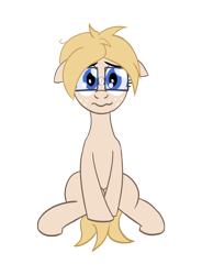 Size: 939x1277 | Tagged: safe, artist:hotkinkajou, ponerpics import, oc, oc only, oc:cut n. paste, earth pony, pony, fanfic:the long and short of it, digital art, female, freckles, glasses, mare, nervous, ponerpics community collab 2022, shy, simple background, sitting, solo, transparent background