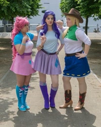 Size: 761x951 | Tagged: safe, artist:chixiechu, artist:vjwcosplay, derpibooru import, applejack, pinkie pie, rarity, human, equestria girls, belt, boots, clothes, cosplay, costume, duckface, equestria girls outfit, female, irl, irl human, photo, pointing, shoes, skirt