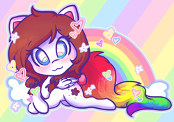 Size: 3372x2362 | Tagged: safe, artist:mscolorsplash, derpibooru import, oc, oc only, oc:color splash, pegasus, pony, blushing, chibi, female, high res, looking at you, lying down, mare, prone, rainbow, rainbow background, rainbow tail, smiling, smiling at you, solo, starry eyes, tail, wingding eyes