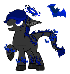 Size: 385x406 | Tagged: safe, artist:thatsimpleartgal, derpibooru import, oc, bat, original species, adoptable, bat ears, blue eyes, blue mane, closed species, crysvalonia, fangs, gemstone pony, gemstones, halo, male, simple background, transparent background