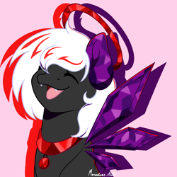 Size: 1000x1000 | Tagged: safe, artist:crysvalonia-admin, artist:marudoesart, derpibooru import, oc, oc:midnight, original species, bust, closed species, collar, crystal wings, crysvalonia, female, gemstone pony, gemstones, halo, mare, portrait, wings