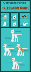 Size: 1280x2902 | Tagged: safe, artist:crysvalonia-admin, artist:pure-blue-heart, artist:sporadicsplash, derpibooru import, original species, closed species, crysvalonia, gemstone pony, gemstones, halloween, holiday, species guide, trait sheet