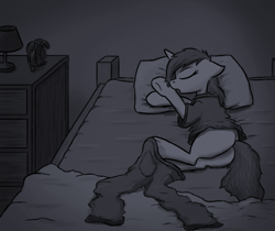 Size: 739x622 | Tagged: artist needed, source needed, safe, derpibooru import, pony, unicorn, bed, bedsheets, butt, clothes, dresser, female, human to pony, implied transformation, pants, pillow, plot, shirt, sleeping, solo, species swap, transformation