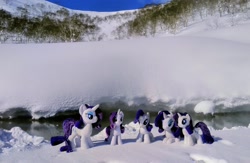 Size: 2048x1338 | Tagged: safe, derpibooru import, photographer:pakapaka1993, rarity, pony, unicorn, hot springs, irl, japan, photo, plushie, river, self paradox, self ponidox, snow, tree, water, winter