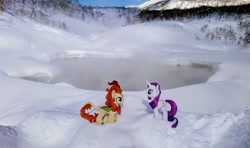 Size: 2048x1212 | Tagged: safe, derpibooru import, photographer:pakapaka1993, autumn blaze, rarity, kirin, pony, unicorn, duo, hot springs, irl, japan, photo, plushie, snow, winter