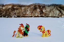 Size: 2048x1365 | Tagged: safe, derpibooru import, photographer:pakapaka1993, autumn blaze, cinder glow, summer flare, sunset shimmer, kirin, pony, unicorn, irl, japan, photo, plushie, snow, trio, winter