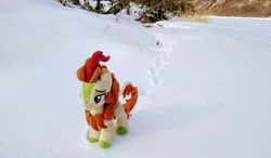 Size: 2048x1196 | Tagged: safe, derpibooru import, photographer:pakapaka1993, autumn blaze, kirin, pony, hoofprints, irl, japan, photo, plushie, snow, solo, winter