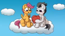 Size: 2016x1138 | Tagged: safe, artist:agent-diego, derpibooru import, rumble, scootaloo, pegasus, pony, blushing, candy, cloud, colt, cute, cutealoo, female, filly, foal, food, hearts and hooves day, holiday, male, rumblebetes, rumbloo, shipping, sky, straight, valentine's day