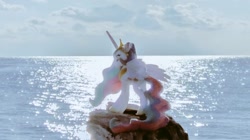 Size: 1024x574 | Tagged: safe, derpibooru import, photographer:pakapaka1993, princess celestia, alicorn, irl, japan, ocean, photo, plushie, rock, solo, water