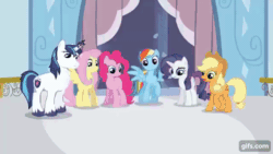 Size: 640x360 | Tagged: safe, derpibooru import, screencap, applejack, fluttershy, pinkie pie, rainbow dash, rarity, shining armor, crystal pony, earth pony, pegasus, pony, unicorn, season 3, the crystal empire, animated, applejack's hat, clothes, cowboy hat, crystal empire, crystallized, eyes closed, female, gif, gifs.com, hat, male, mare, open mouth, open smile, smiling, spread wings, stallion, wings