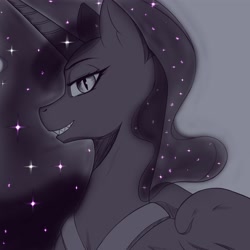 Size: 4000x4000 | Tagged: safe, alternate version, artist:aero-spine, artist:aerosho, artist:aerospine, artist:drawsaero, derpibooru import, nightmare moon, alicorn, pony, bust, female, grayscale, looking at you, mare, monochrome, peytral, profile, smiling, solo