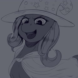 Size: 4000x4000 | Tagged: safe, artist:drawsaero, derpibooru import, trixie, pony, unicorn, bust, cape, clothes, female, grayscale, hat, looking at you, mare, monochrome, open mouth, open smile, simple background, smiling, solo, trixie's cape, trixie's hat