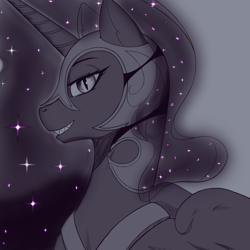 Size: 4000x4000 | Tagged: safe, artist:drawsaero, derpibooru import, nightmare moon, alicorn, pony, bust, female, grayscale, helmet, looking at you, mare, monochrome, peytral, profile, simple background, smiling, solo